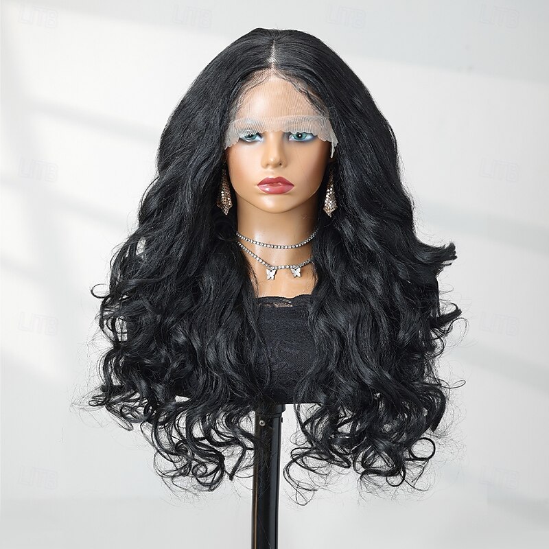 Synthetic Lace Wig Body Wave Style 22 inch Black Middle Part 13x6 Lace Front Wig Women's Wig Black2