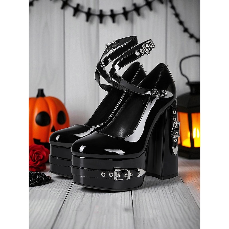 Women's 1980s Gothic Platform High Heels – Black Patent Leather Chunky Mary Janes with Spikes and Buckle Details for Halloween, Parties, and Night Out4