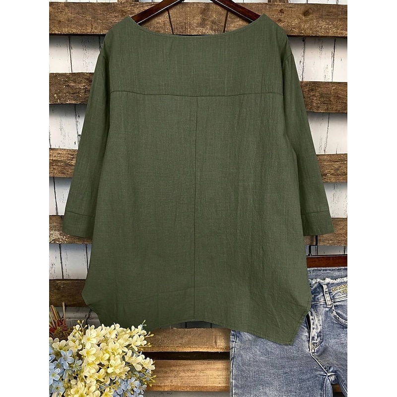 Women's Cotton Linen Blouse Solid Color Elegant Casual 3/4 Length Sleeve Crew Neck Boat Neck Regular Tops Daily Holiday Black White Navy Blue Green Summer Fall2
