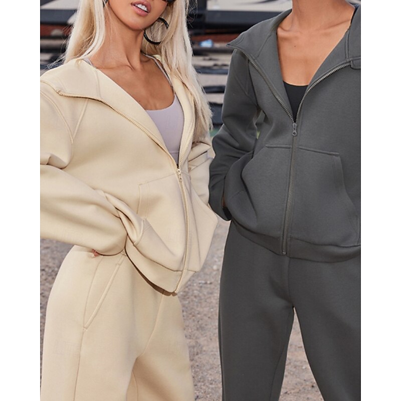 Women's Tracksuit Sweatpants Hooded Jacket Zipper Pocket Solid Colored Clothing Suit Fall Dark Grey Apricot Workout Athleisure Running Thermal Warm Windproof Long Sleeve Sport Activewear Stretchy