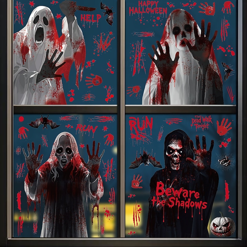 4 Sheets Halloween Window Cling Sticker Decals Decorations Double Side, Ghost Phantom Static Stickers with Bloody Handprint for Store Window Display and Glass Decor
