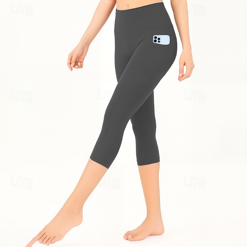 Women's Capri Pants Leggings Cozy Leggings Streetwear Casual Calf-Length Natural Plain Pocket Elastic Waist Comfy Outdoor Comfortable Vacation Yoga Athleisure Wine Grey Black Dark Blue Summer Regular2