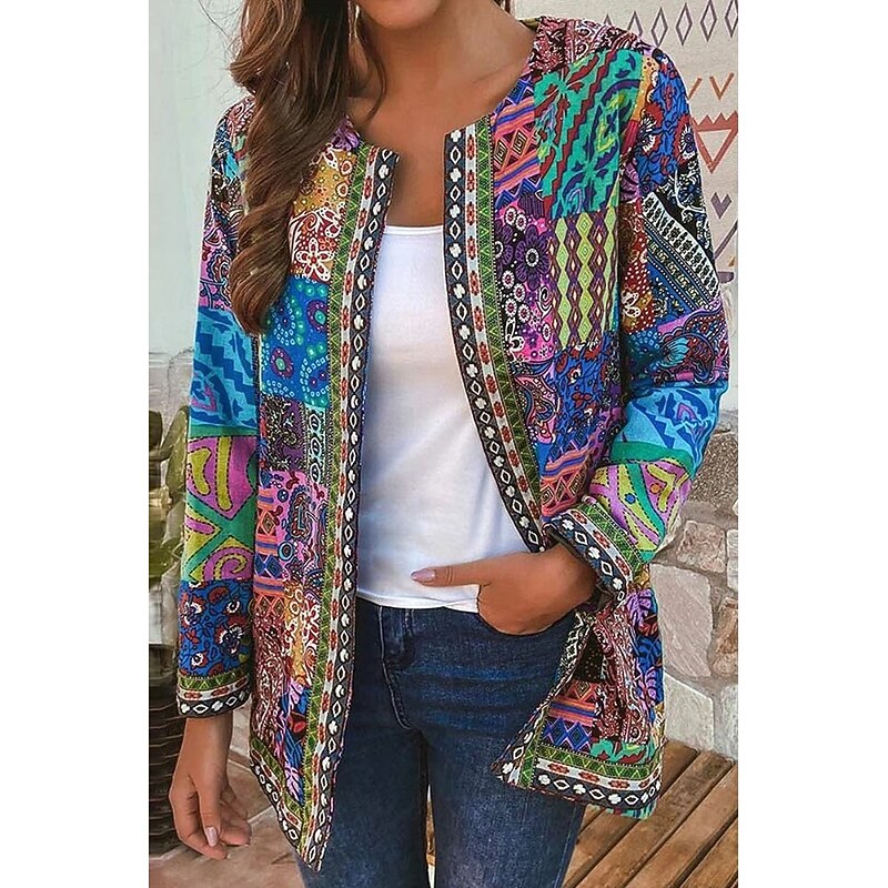 Women's Jacket Dailywear Square Neck Print Floral Casual / Daily Elegant Regular Fit Outerwear Long Sleeve Spring Red S3