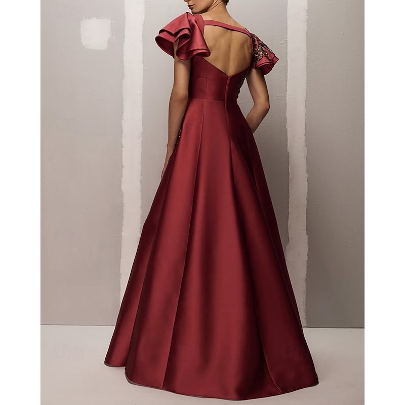 Rust A-Line Evening Gown Elegant Dress Formal Wedding Floor Length Ruffle Short Sleeve Satin with Beaded Lace Applique and Pockets3