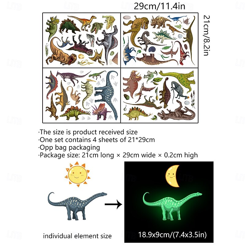 4 Sheets Glow in The Dark Dinosaur Wall Sticker, 1M Luminous Self-Adhesive Wall Decal for Kids Bedroom, Living Room Decoration2