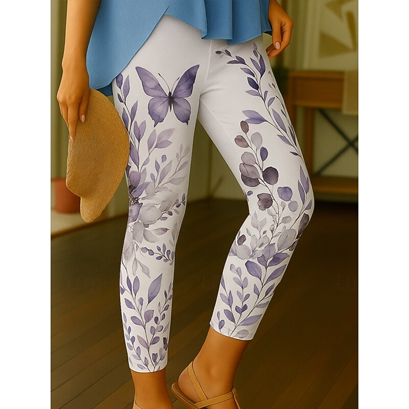 Women's Leggings Vacation Vintage Ethnic Style Ankle-Length High Waist Floral Graphic Leaf 3D Print Quick Dry Breathability Soft Stretchy Outdoor Home Causal Blue Purple Green Spring Fall Slim Fit