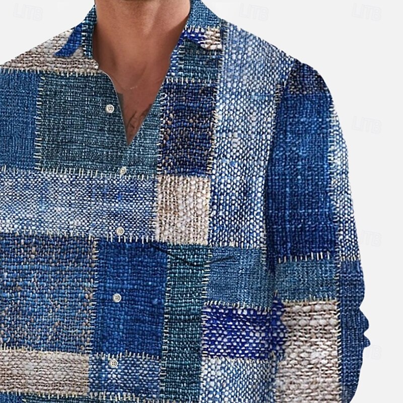 Men's Geometric Color Block Patchwork Shirt Button Up Shirt Long Sleeve Fashion Casual Outdoor Daily Streetwear Spring Fall Turndown 3D Print Front One Pocket Linen Like Shirt Blue3