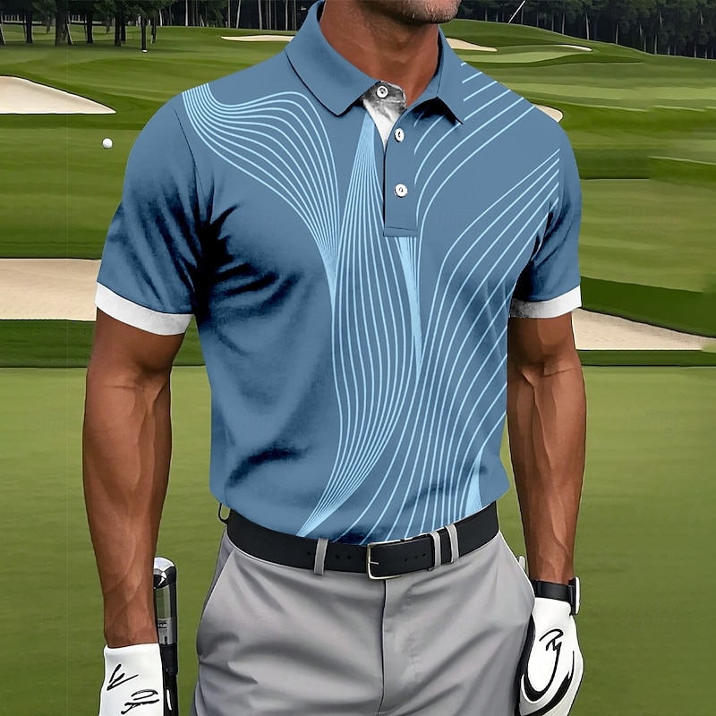 Men's Golf Line Polo Sports Polo Shirts Short Sleeve Polo Shirts Collared Shirts Casual Athleisure Buttons Summer Blue Sky Blue Dark Green