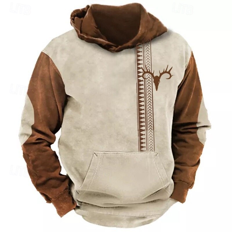 Men's Deer Hoodie Long Sleeve Sweatshirts Oktoberfest Vintage Retro Festival Autumn-Winter Collection Blue Brown Khaki Clothing Apparel Designer Graphic Print S M L Sizes Available