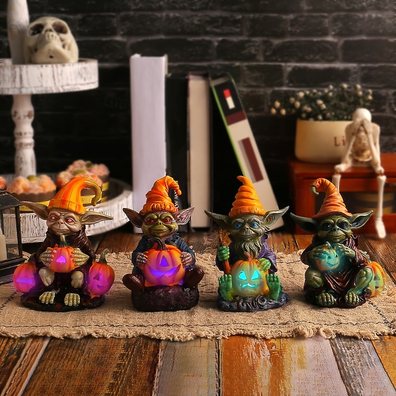 Halloween Goblin Resin Figurine Holding Pumpkin with Lights, Glowing Elf Resin Craft Ornament, Home Tabletop Decor4