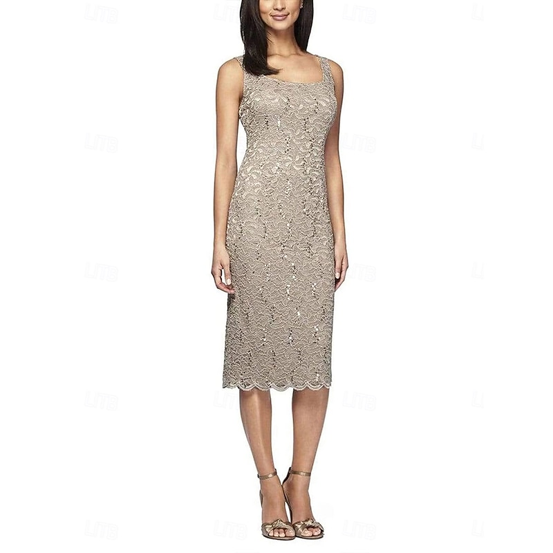 Two Piece Dress Sets Mother of the Bride Dress Elegant Square Neck Knee Length Lace 3/4 Length Sleeve with Lace2