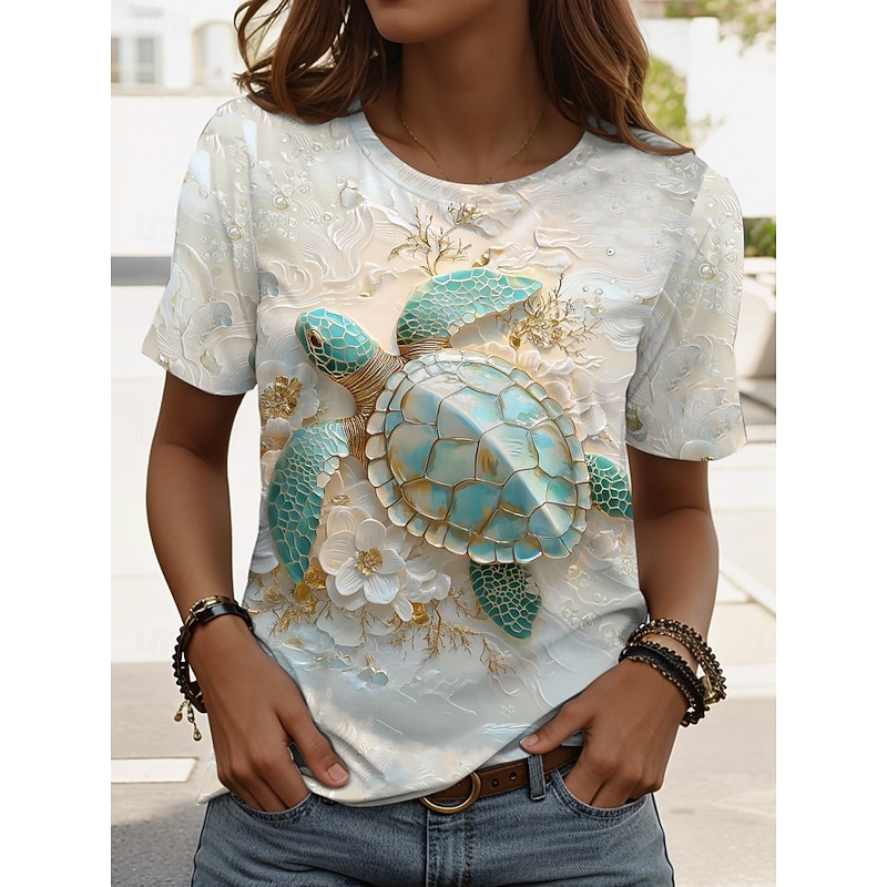 Women's T Shirt Graphic Animal Sea Turtle Vintage Stylish Classic Short Sleeve Crew Neck Round Neck Regular Tops Daily Weekend Print White Royal Blue Blue Green off-white Summer Spring4