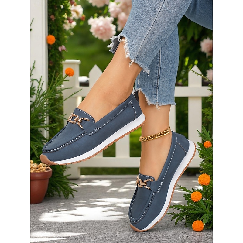 Women's Loafers with Gold Buckle – Casual Slip-On Flat Shoes for Garden Walks, Brunch & Everyday Errands4