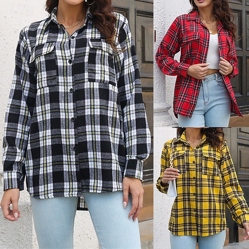 Women's Shirt Plaid Daily Stylish Basic Long Sleeve Shirt Collar Regular Tops Work Daily Holiday Buttons Black Yellow Red Spring Fall