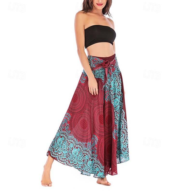 Women's Skirt A Line Swing Casual Boho Maxi High Waist Skirts Floral Print Micro-elastic Vacation Holiday White Wine Royal Blue Dark Green Summer Polyester3