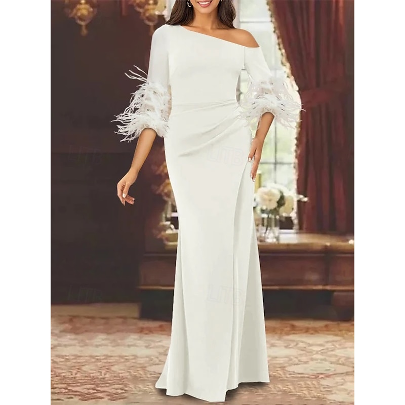 Black Tie Mermaid Feather Evening Gown Elegant Dress Formal Wedding Guest Floor Length Long Sleeve Off Shoulder Detachable Stretch Crepe4