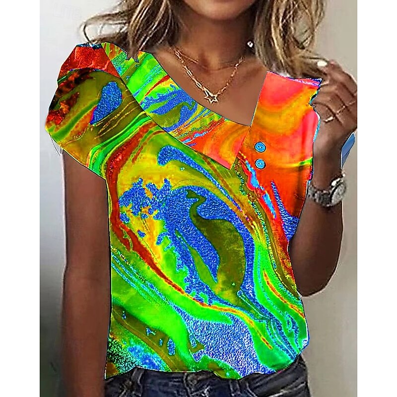Women's Blouse Graphic Marble Elegant Stylish Casual Short Sleeve Asymmetrical Regular Tops Daily Holiday Buttons Purple Orange Green Summer3