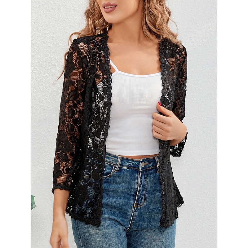 Women's Lace Shirt Solid Color Elegant Stylish Basic Long Sleeve V Neck Regular Tops Daily Lace Patchwork Black White Red Gray Summer Spring