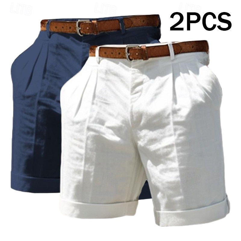 Men's Shorts Linen Shorts Dress Shorts Summer Shorts Beach Shorts Pocket Elastic Waist Straight Leg Plain Comfort Breathable Knee Length Business Casual Daily Fashion Classic Style White+khaki