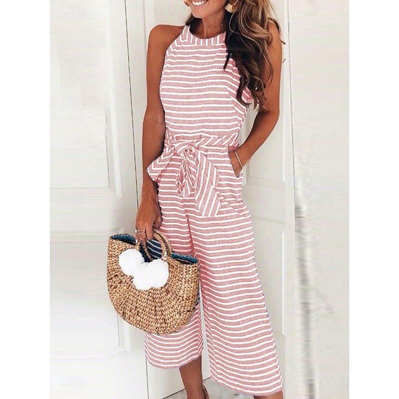 Women's Normal Jumpsuit Active Striped Sleeveless Halter Neck Pocket Print Vacation Daily Regular Fit Pink Blue Green Summer2