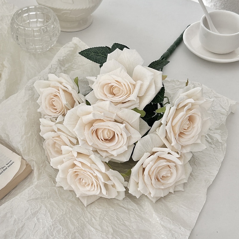 7-Head Artificial Rose Bouquet, Vintage Cappuccino Roses with Curled Petals, Faux Flowers for Wedding Arch, Table Centerpiece, Home Decoration3