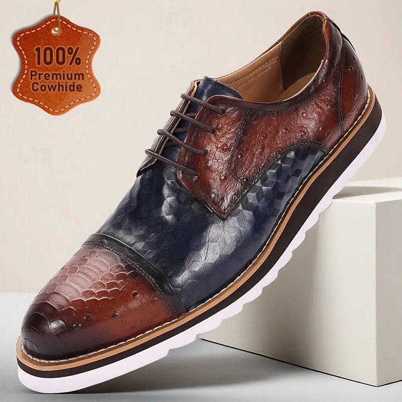 Men's Brown Genuine Cowhide Leather Oxford Shoes with White Sole – Stylish Lace-Up Dress Shoes for Casual, Semi-Formal and Business Occasions