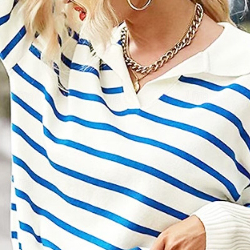 Women's Sweater Pullover Casual Soft Striped Ribbed V Neck Knitted Long Sleeve Regular Tops Knit Outdoor Going out Weekend Red Blue Fall3