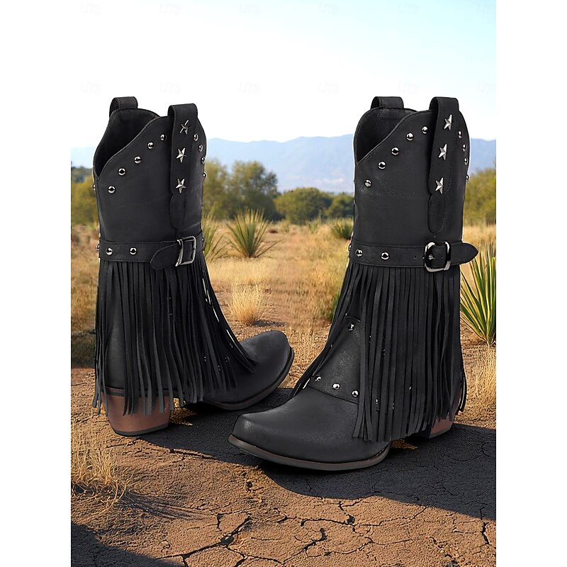 Women's Western Fringe Cowboy Boots - Tan Faux Suede Star Studded Mid-Calf Boots with Buckle for Rodeo, Country Concerts or Fall Festivals3