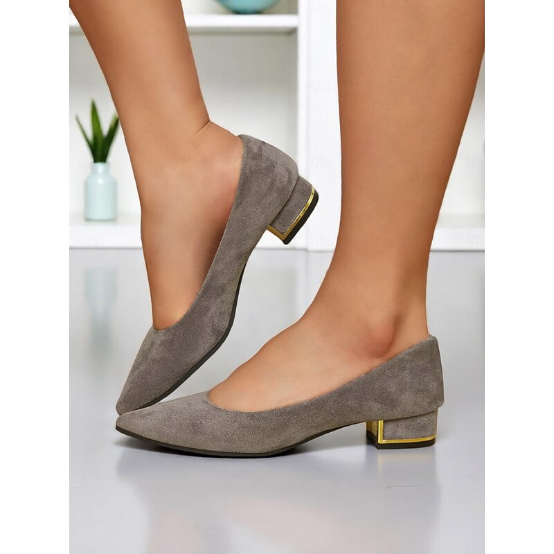 Women's Gray Faux Suede Block Heel Pumps with Pointed Toe, Low Heels for Office Work, Conferences and Business Travel3