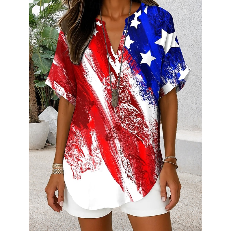 Women's Patriotic  Blouse Graphic Flag Vintage Daily Stylish Short Sleeve V Neck Regular Tops Daily Holiday Denim Blue Red Blue Dusty Blue Summer Spring2