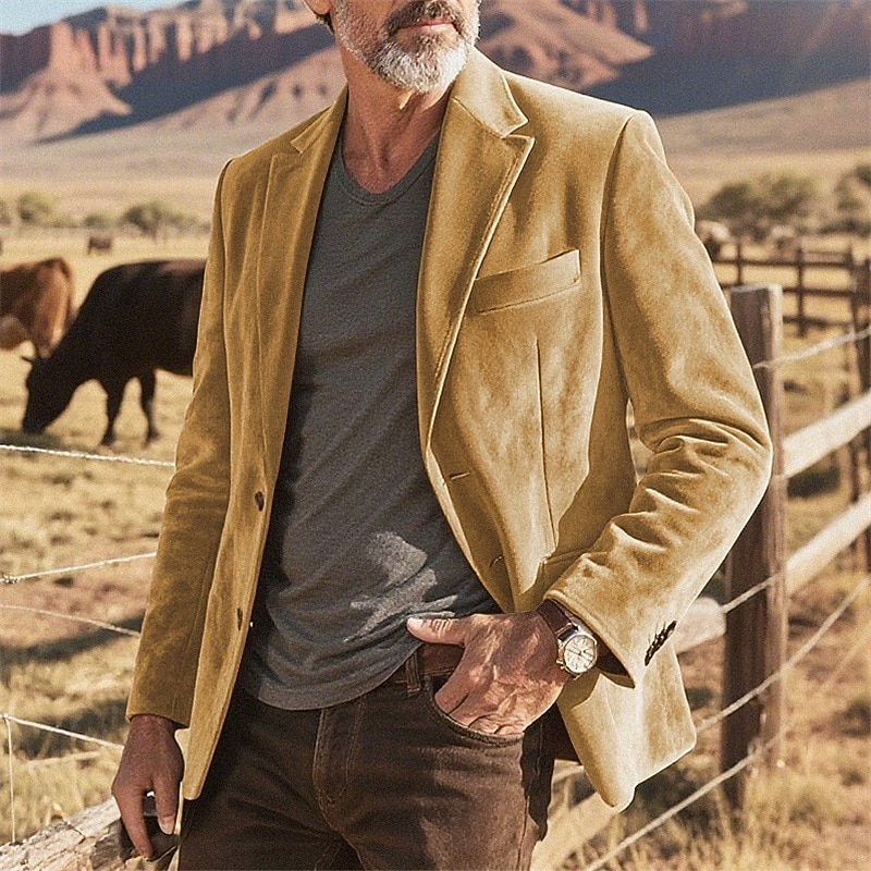 Men's Faux Suede Blazer Blazer Business Cocktail Party Wedding Party Fashion Casual Spring Fall Faux Suede Solid Color Pocket Buttons Comfortable Single Breasted Blazer Navy Blue Brown Green khaki - Main Image