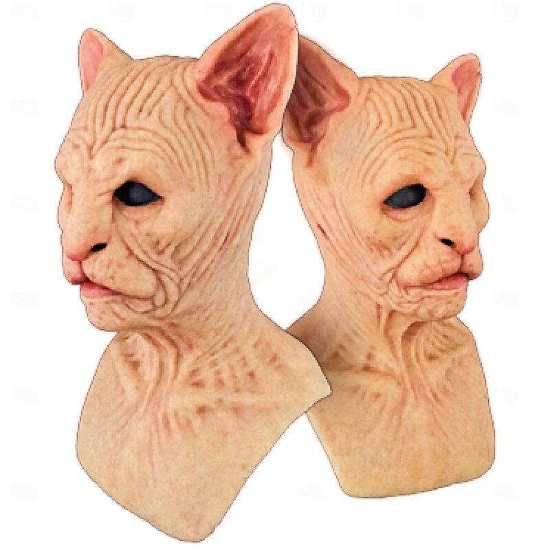 Halloween Sphynx Cat Mask For Adults Realistic Scary Costumes Latex Face Mask, Hairless Cat Horror Mask, Creepy Feline Party Prop2
