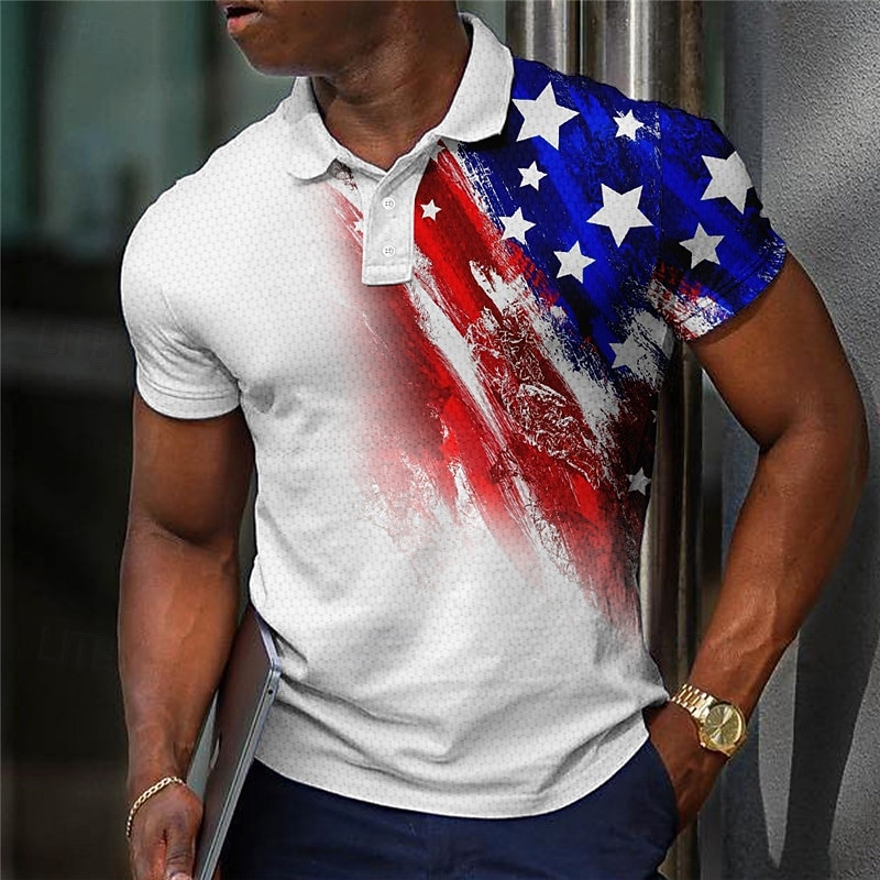 Men's American Flag Veterans Waffle Polo Shirts Golf Shirt Short Sleeve Polo Shirts Collared Shirts Casual Streetwear Vacation Wear Party Outfits Buttons 3D Print White Red Blue2