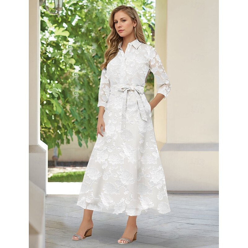 A-Line Floral Lace Shirt Dress Mother of the Bride Dress Elegant Simple Minimalist V Neck Shirt Collar Floor Length Lace 3/4 Sleeve with Bows4
