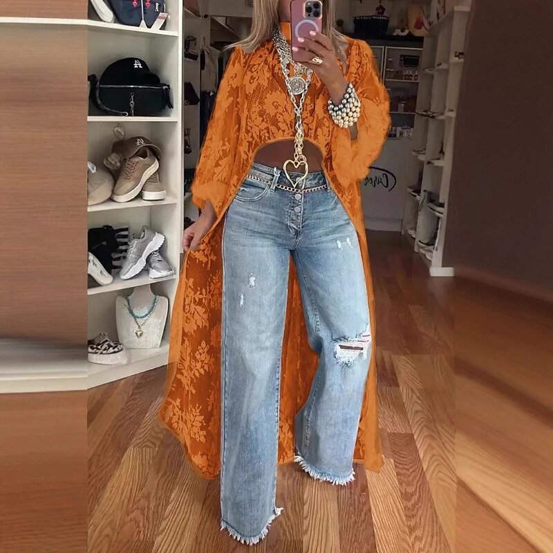 Women's Blouse Lace Tops Flower Modern Casual Long Sleeve Turtleneck Long Tops Daily Holiday Going out Lace Asymmetric Pink Orange Apricot Summer2