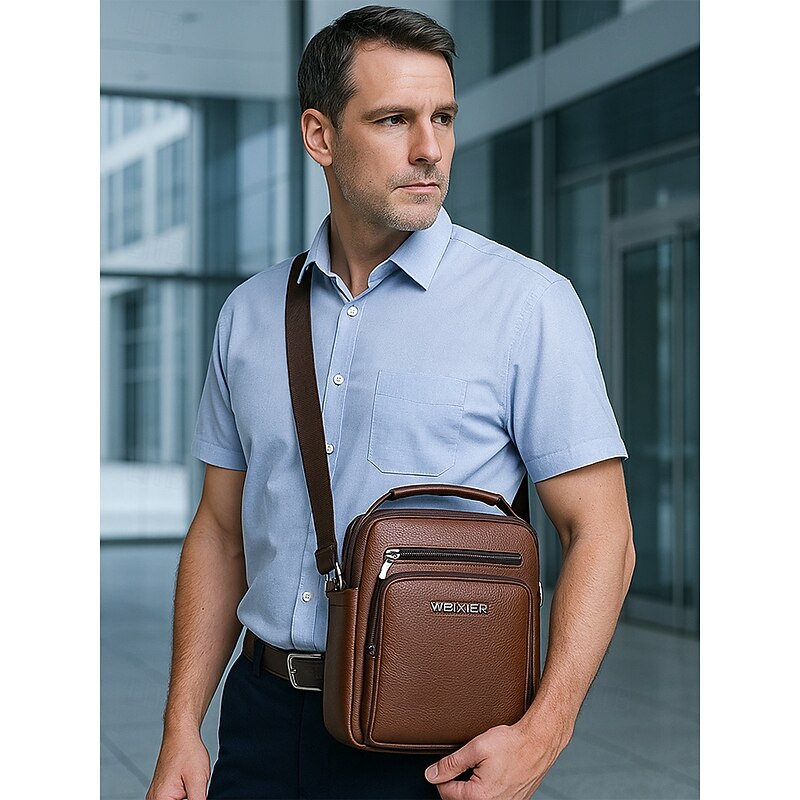 Men's Brown Black Faux Leather Crossbody Messenger Bag with Multiple Zipper Compartments for Business Travel and Daily Office Use2