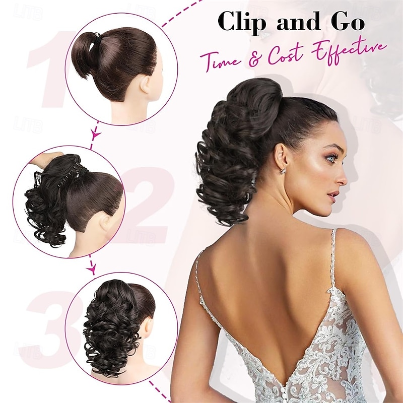 12 Ponytail Extension Classic Loose Curly Wavy Claw Clip Pony tails Hair Extensions Hairpieces for Women - Chocolate Brown with Highlights3