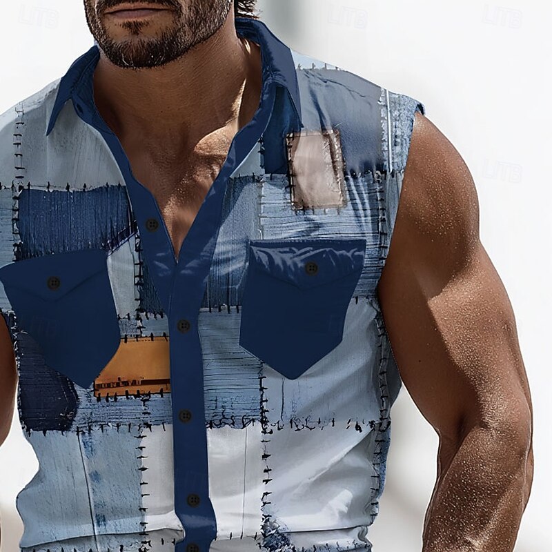 Men's Color Block Denim-like Shirt Western Shirt Cowboy Shirt Sleeveless Western Style Outdoor Work Causal Summer Spring Turndown 3D Print Front Two Pockets Button Up Shirts Blue Brown Green3
