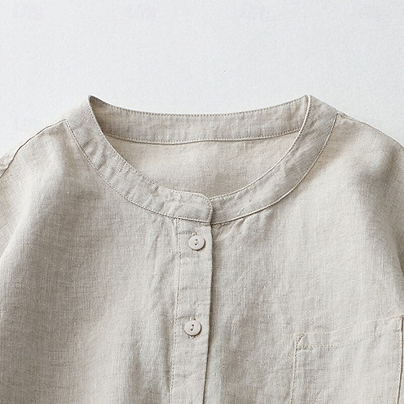 Women's Shirt Button Down Blouse Daily Retro Vintage Casual 3/4 Length Sleeve Crew Neck Regular Tops Work Daily Light Blue Forest Green Hemp White Summer Spring Fall3