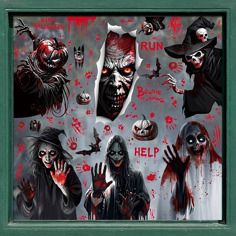 9 Sheets Halloween Static Window Clings Stickers, Grim Reaper, Ghost, Bat and Skeleton Glass Decals, Removable Halloween Party Decorations for Windows and Storefronts2