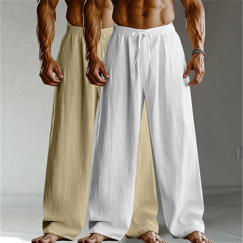 Men's Linen Pants Trousers Summer Pants Baggy Pants Beach Pants Drawstring Elastic Waist Straight Leg Plain Comfort Breathable Full Length Home Daily Holiday Vacation Fashion White+Khaki Khaki+Black2