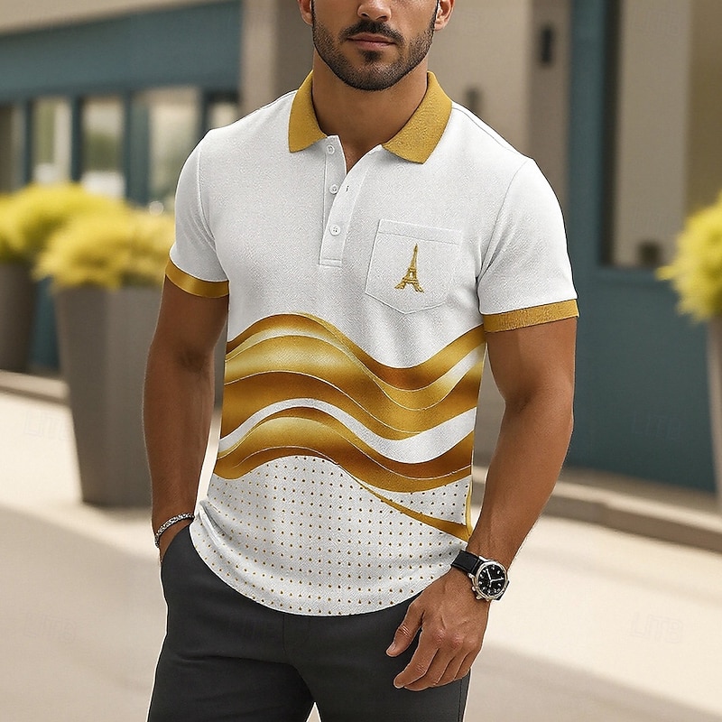 Men's Eiffel Tower Line Polo Short Sleeve Polo Shirts Collared Shirts Business Casual Outdoor Athleisure Daily Wear Buttons Pocket 3D Print Summer Blue Gold