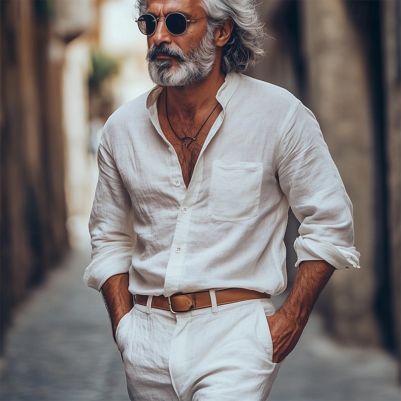 Men's Shirt Linen Shirt Band Collar Shirt Summer Shirt Beach Wear Button Up Shirt Plain Vacation Streetwear Black White Blue Khaki Long Sleeve Band Collar Spring & Summer Clothing Apparel Front Pocket