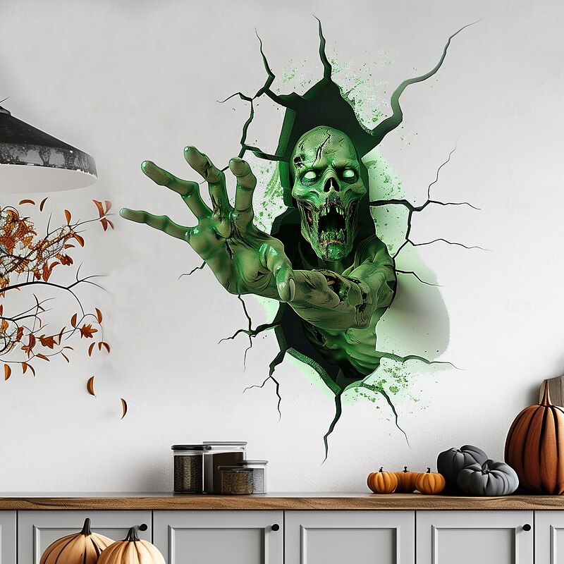 Halloween Wall Decal Sticker 3D Scary Green Skull Breakthrough Design, Self-Adhesive Wall Decor for Bedroom and Living Room4