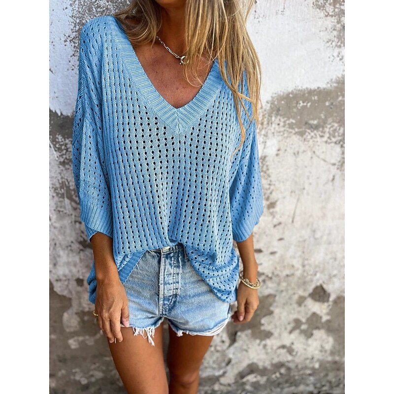 Women's Blouse Solid Color Stylish Casual 3/4 Length Sleeve V Neck Regular Tops Daily Cut Out Black White Red Khaki Dark Gray Summer4