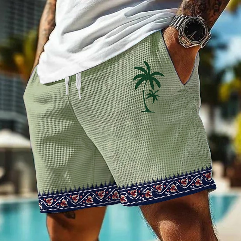 Men's Coconut Tree Ethnic Tropical Plants Waffle Shorts Sweat Shorts Casual Shorts Mid Waist Hawaiian Vacation Jogging Workout Elastic Drawstring Waist Shorts with Pockets Designer Clothing Apparel