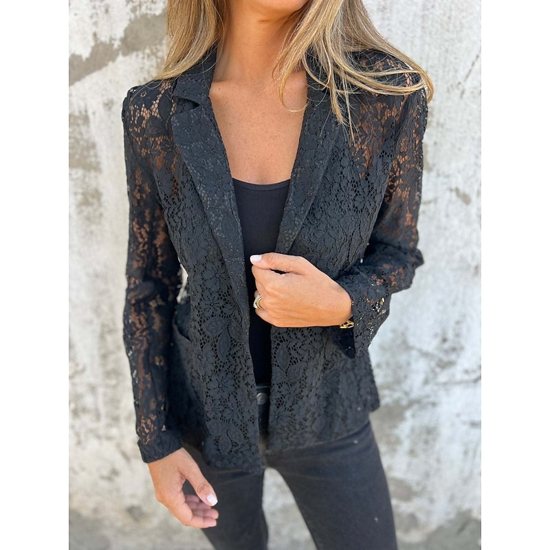 Women's Blazer Breathable Comfortable Lace Patchwork Casual Plain Office Street Casual Daily Wear Open Front Regular Turndown Regular Fit Long Sleeve Outerwear Black White Summer
