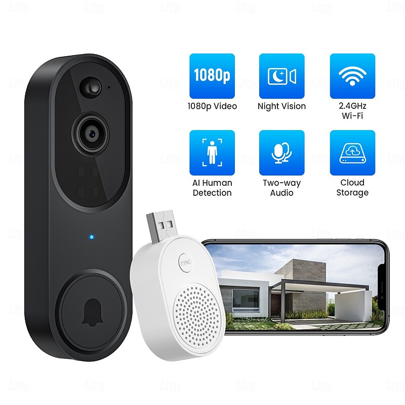Smart Video Doorbell with Wireless Chime, Night Vision Camera, Two-Way Audio (T50 Beige (Including Dingdong, USB Cable))3