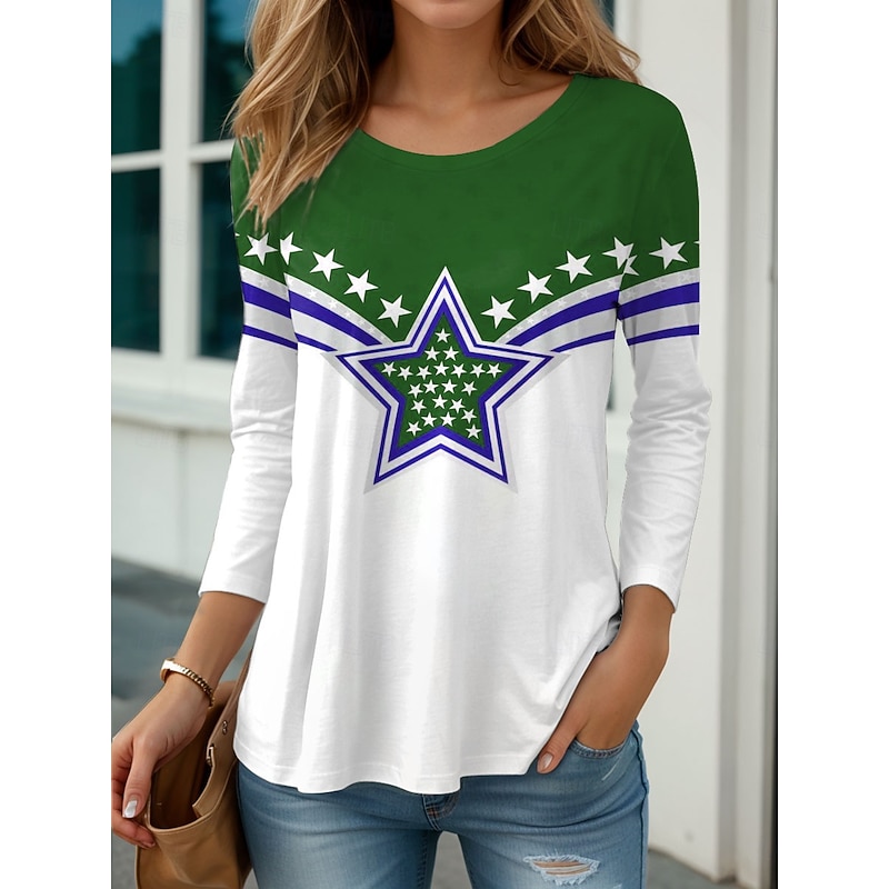 Women's Patriotic T Shirt Graphic Flag Vintage Stylish Classic  Round Neck Regular Tops Daily Print Blue Purple Green Fall2