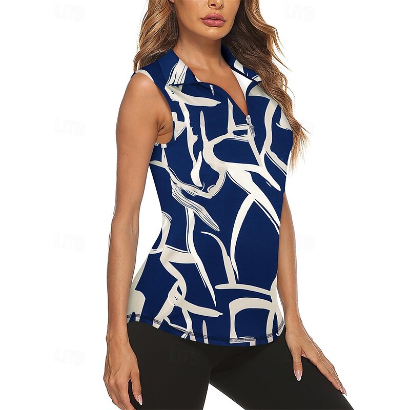 Women's Graphic Abstract Art Sport Shirt Golf Polo Shirt Tennis Shirt Sleeveless Zipper High Elasticity Moisture Wicking Breathable Tennis Golf Pickleball Turndown Zip Collar Shirt Top Navy Blue